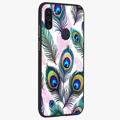 Royal Peacock Feathers Glass Case upright view showcasing elegant peacock feather artwork with decorative royal theme.