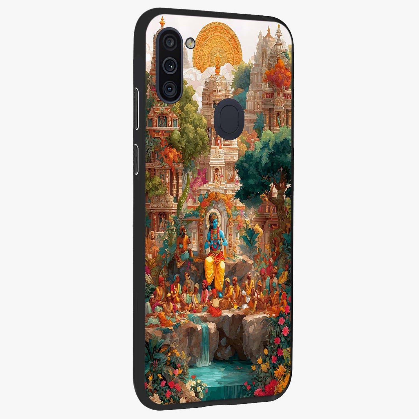 Sacred Sunlight Gods Glass Case upright view showcasing glowing divine artwork with sacred mythological theme.