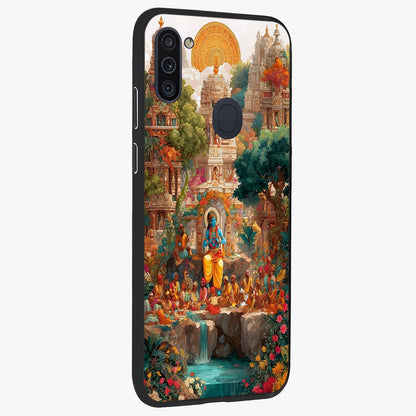 Sacred Sunlight Gods Glass Case upright view showcasing glowing divine artwork with sacred mythological theme.