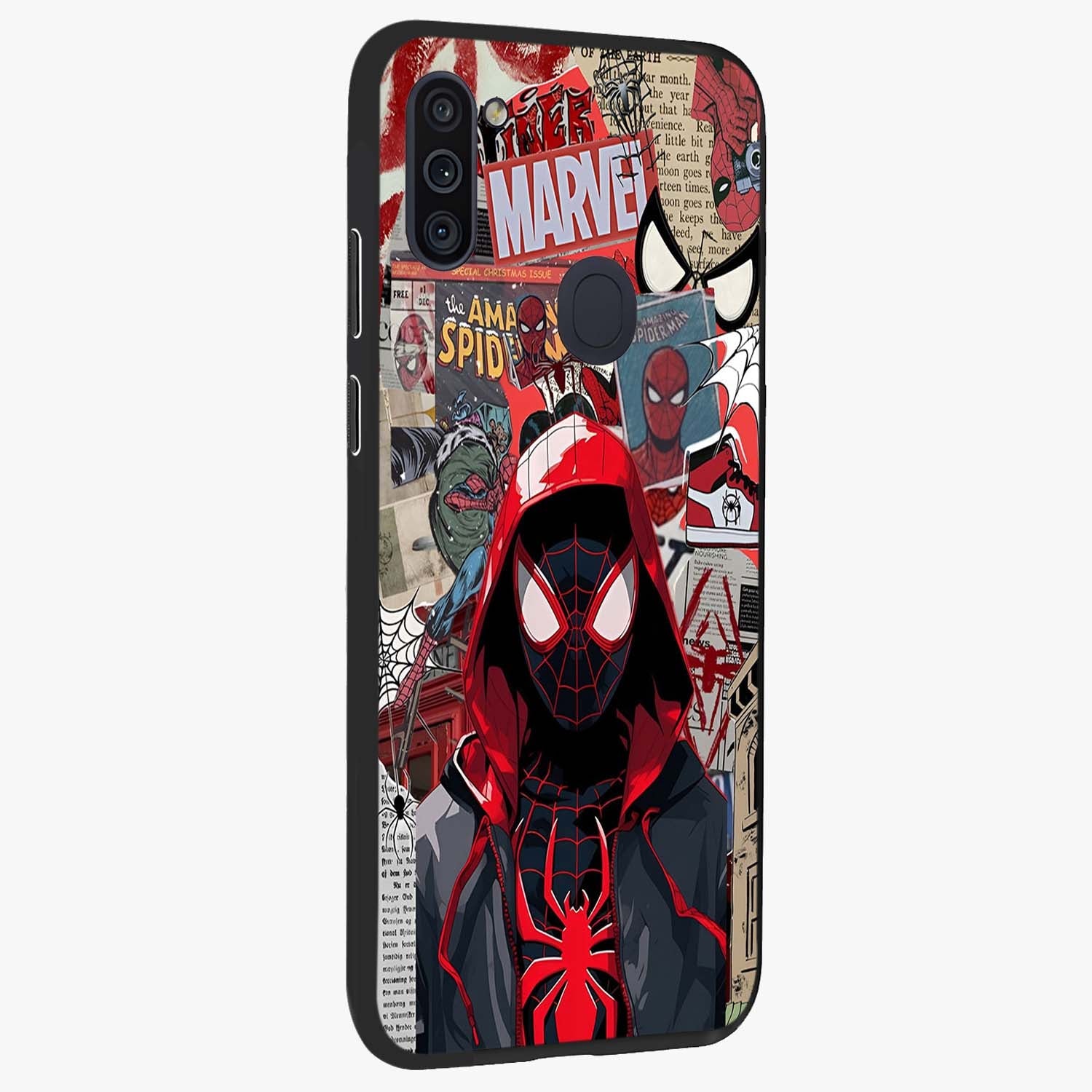 Spider Collage Street Glass Case upright view showcasing bold superhero artwork with urban street theme.