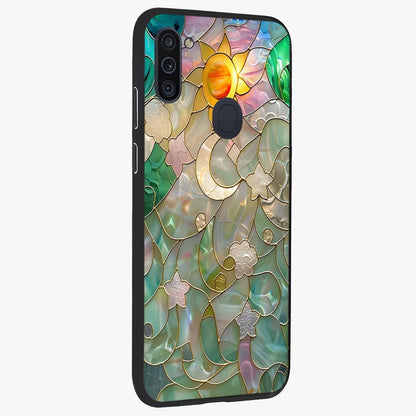 Stained Sunrise Glow Glass Case upright view showcasing colorful sunrise artwork with warm morning theme.