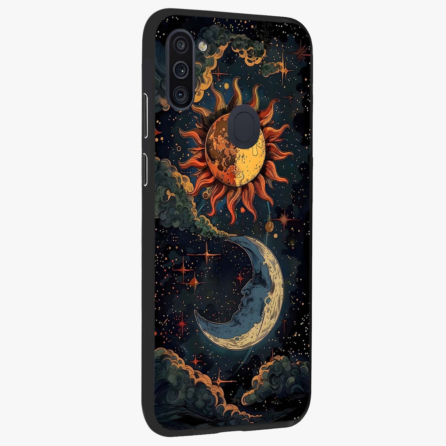 Sun And Moon Magic Design Glass Case upright view showcasing decorative sun and moon artwork with spiritual celestial theme.