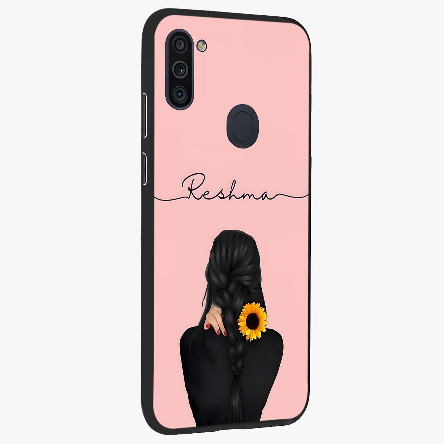Sunflower Braid Beauty With Custom Name Glass Case upright view showcasing bright sunflower artwork with personalized floral aesthetic.