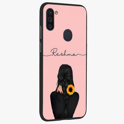 Sunflower Braid Beauty With Custom Name Glass Case upright view showcasing bright sunflower artwork with personalized floral aesthetic.