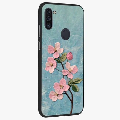 Threaded Blossom Breeze Glass Case upright view showcasing graceful flower artwork with calm botanical theme.