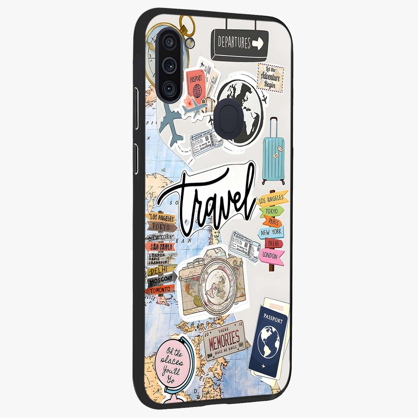 Wanderlust Journal Glass Case upright view showcasing wanderlust inspired artwork with creative exploration theme.