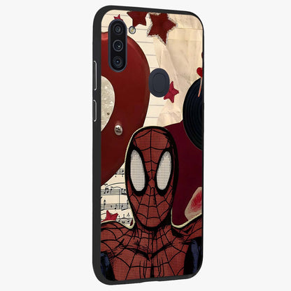 Web Warrior Vibes Glass Case upright view showcasing energetic superhero artwork with bold action theme.