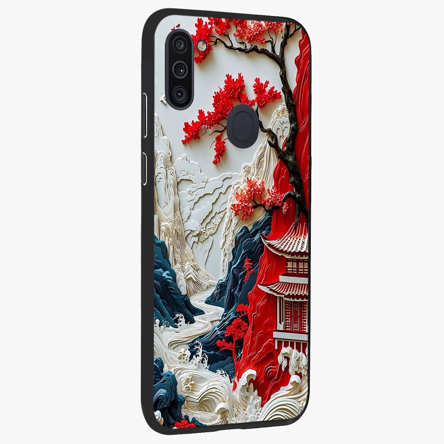 Whispers Of Sakura Waves Glass Case upright view showcasing delicate cherry blossom artwork with elegant nature theme.
