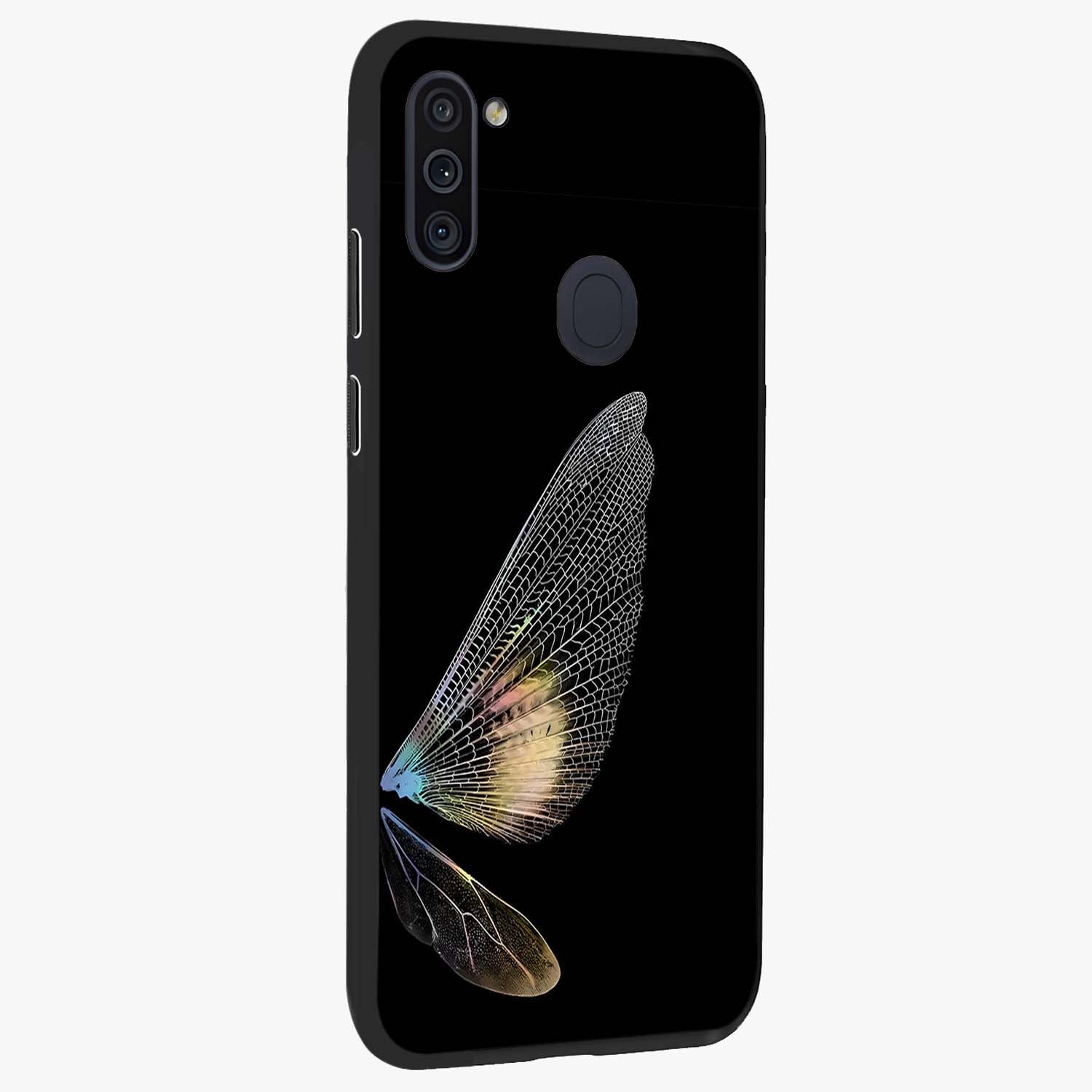 Whispers Of Wings Glass Case upright view showcasing elegant wing artwork with light airy theme.