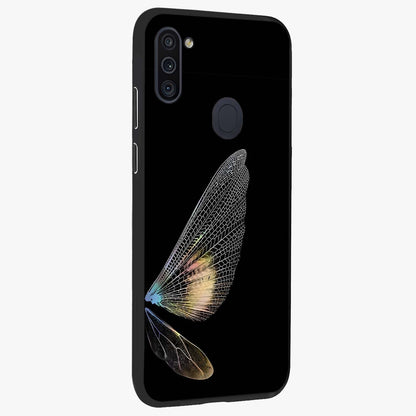 Whispers Of Wings Glass Case upright view showcasing elegant wing artwork with light airy theme.