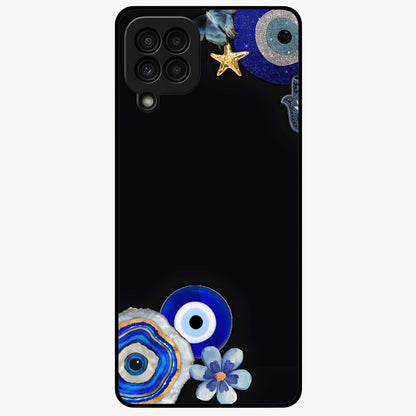 Aesthetic Blue Evil Eye Glass Case showing flat back view with protective evil eye artwork and glossy glass finish.
