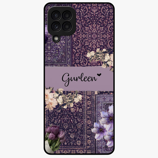 Antique Floral Whisper Custom Name Glass Case showing flat back view with vintage floral artwork and personalized name design.