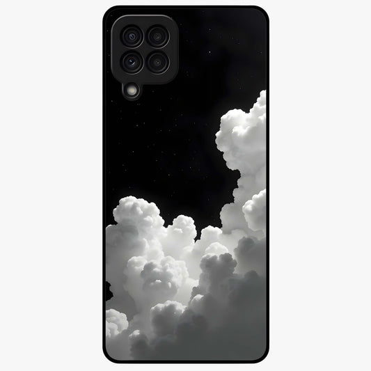 Black Background With White Cloud Glass Case showing flat back view with minimal cloud artwork on dark background and glossy glass finish.