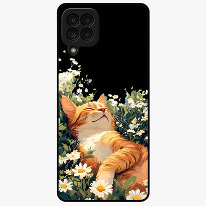 Blissful Bloom Cat Glass Case showing flat back view with cute cat and floral bloom artwork and glossy glass finish.