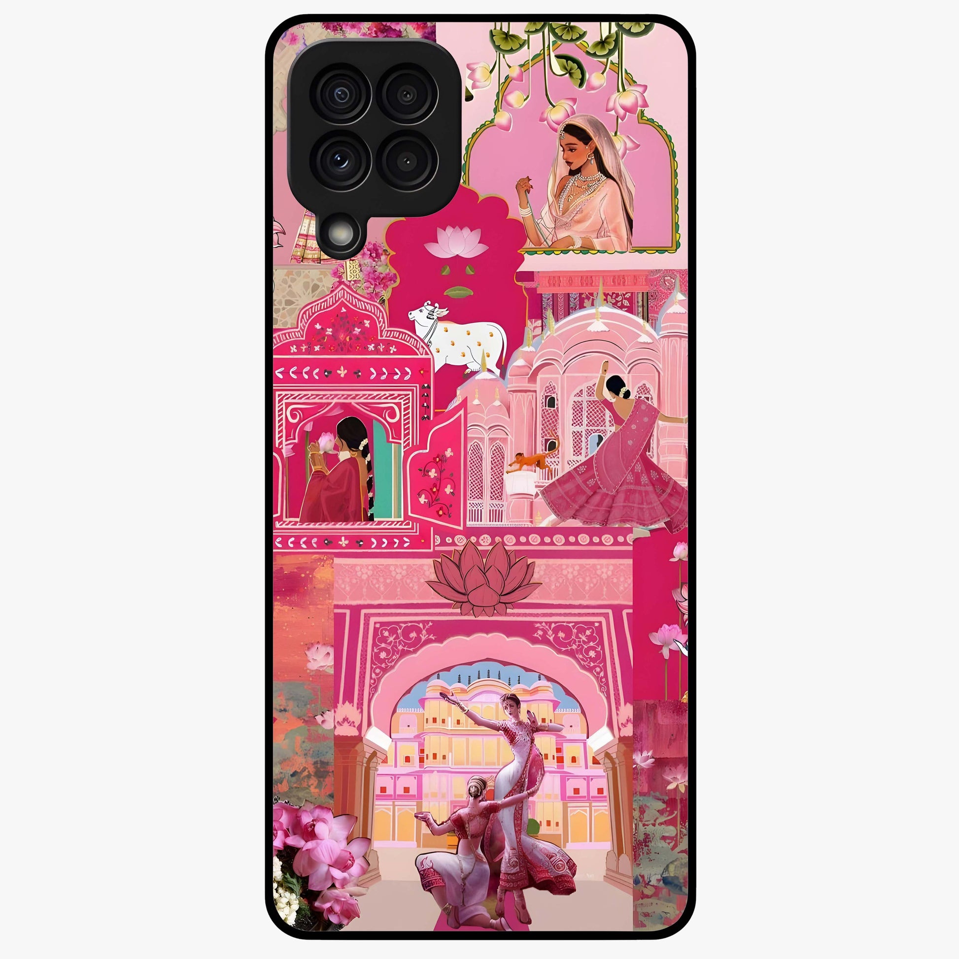 Blossoms of Rajasthan Glass Case showing flat back view with traditional floral artwork inspired by Rajasthan and glossy glass finish.