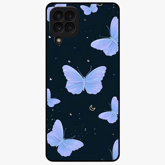 Butterfly With Stars Pattern Glass Case showing flat back view with butterfly and star pattern artwork and glossy glass finish.