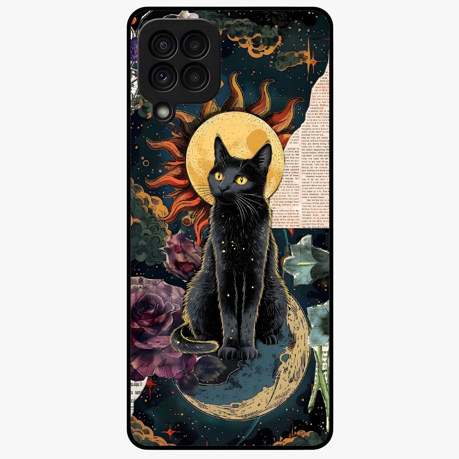 Celestial Black Cat Glass Case showing flat back view with mystical black cat artwork and glossy glass finish.