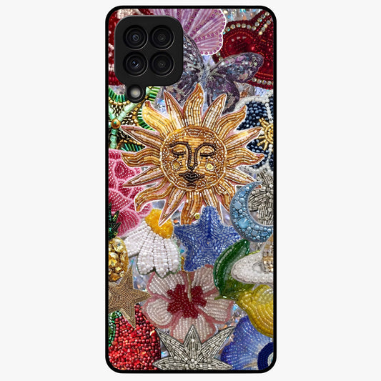 Celestial Floral and Playful Glass Case showing flat back view with floral and celestial themed artwork and glossy glass finish.