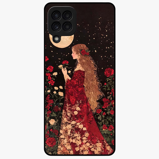 Crimson Dreams Glass Case showing flat back view with dreamy crimson artwork and glossy glass finish.