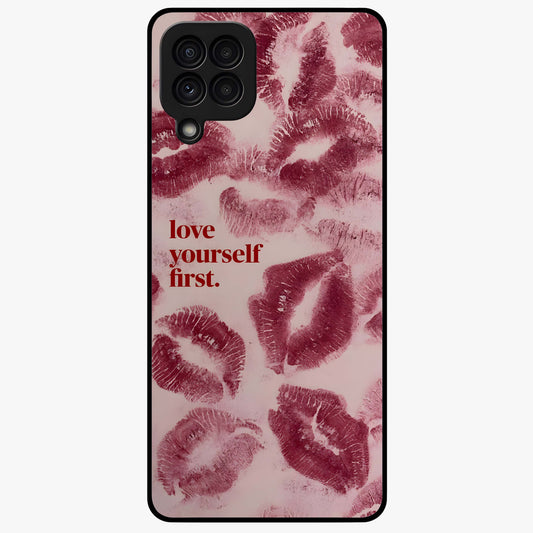 Crimson Kiss Love Glass Case showing flat back view with romantic crimson themed artwork and glossy glass finish.