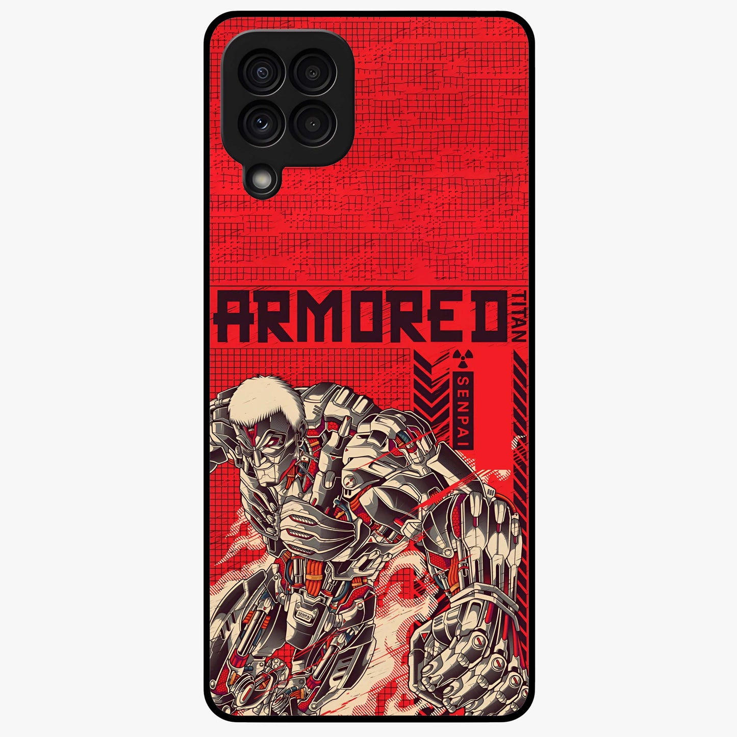 Crimson Mecha Titan Glass Case showing flat back view with powerful mech titan artwork and glossy glass finish.