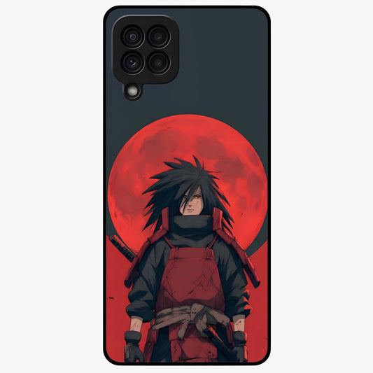 Crimson Moon Warlord Glass Case showing flat back view with mystical moon warrior artwork and glossy glass finish.