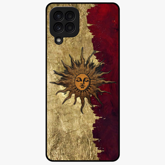Crimson Sun Majesty Glass Case showing flat back view with radiant sun inspired artwork and glossy glass finish.