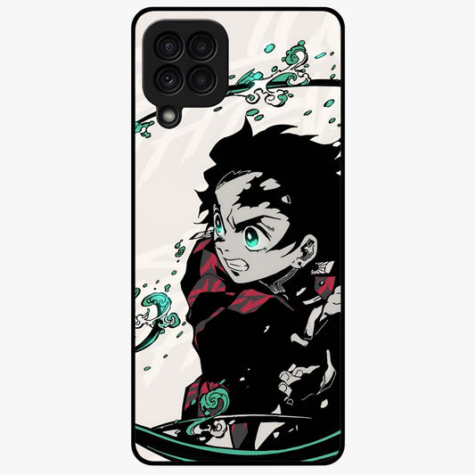 Demon Slayer Glass Case showing flat back view with bold anime inspired artwork and glossy glass finish.