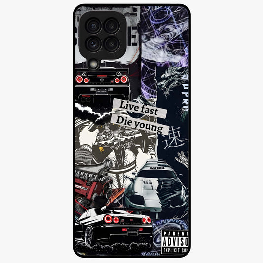 Die Young Glass Case showing flat back view with bold artistic typography design and glossy glass finish.