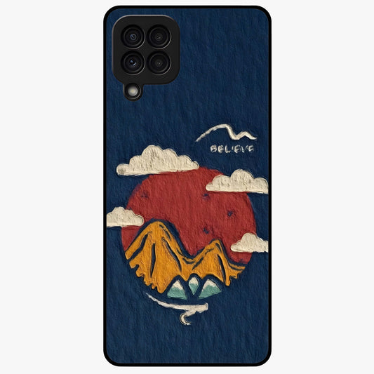 Dream Beyond Mountains Glass Case showing flat back view with scenic mountain landscape artwork and glossy glass finish.