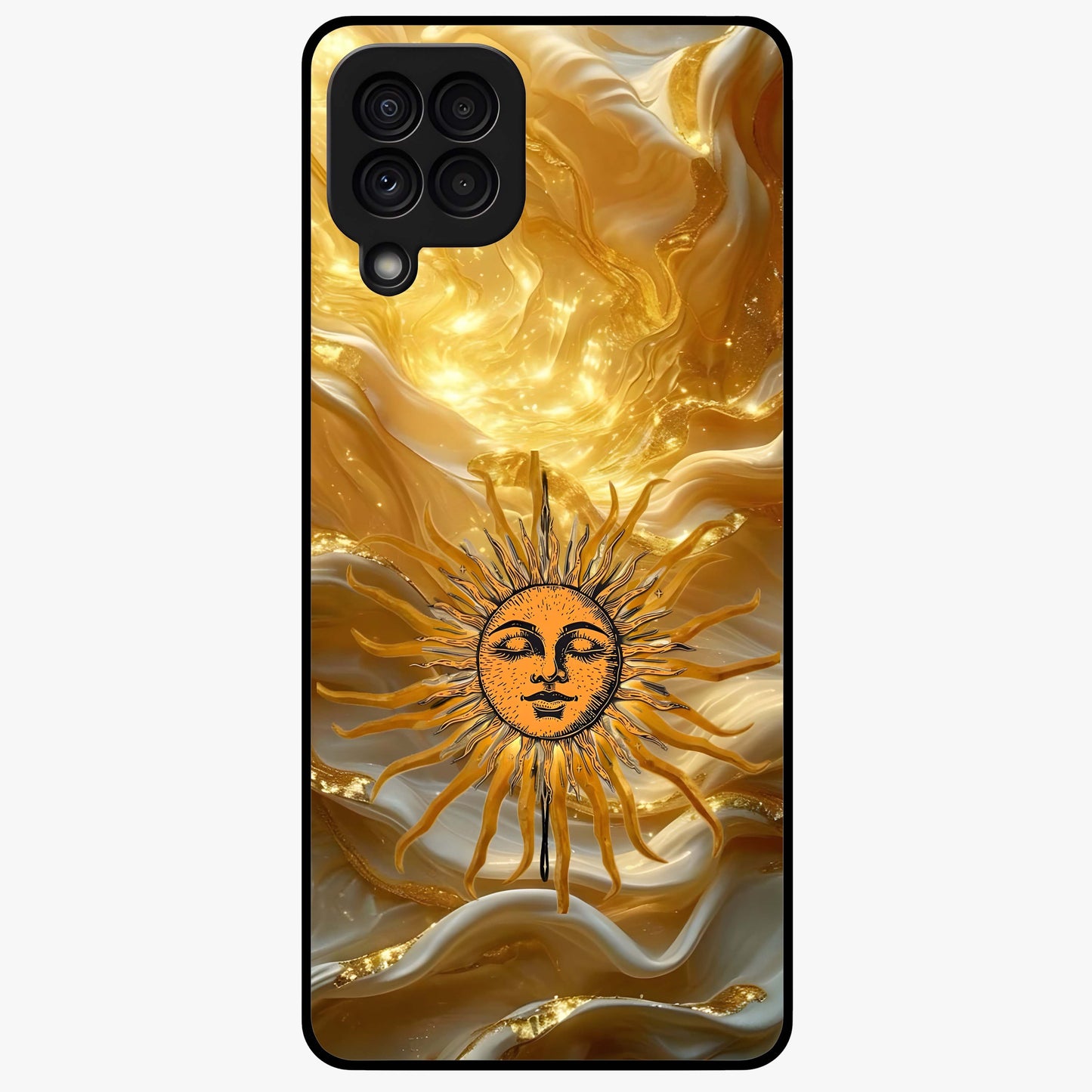 Eternal Golden Glow Glass Case showing flat back view with radiant golden themed artwork and glossy glass finish.