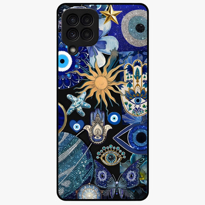 Evil Eye Charm Mix Glass Case showing flat back view with multiple evil eye charms artwork and glossy glass finish.