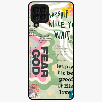 Faith Over Fear Glass Case showing flat back view with motivational typography artwork and glossy glass finish.
