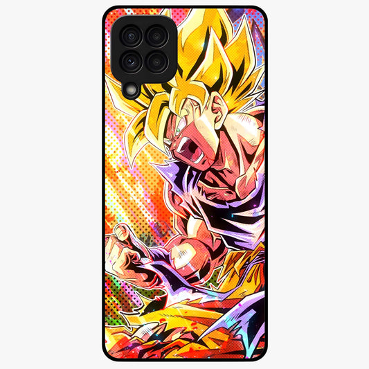 Firing Goku Glass Case showing flat back view with powerful anime inspired artwork and glossy glass finish.
