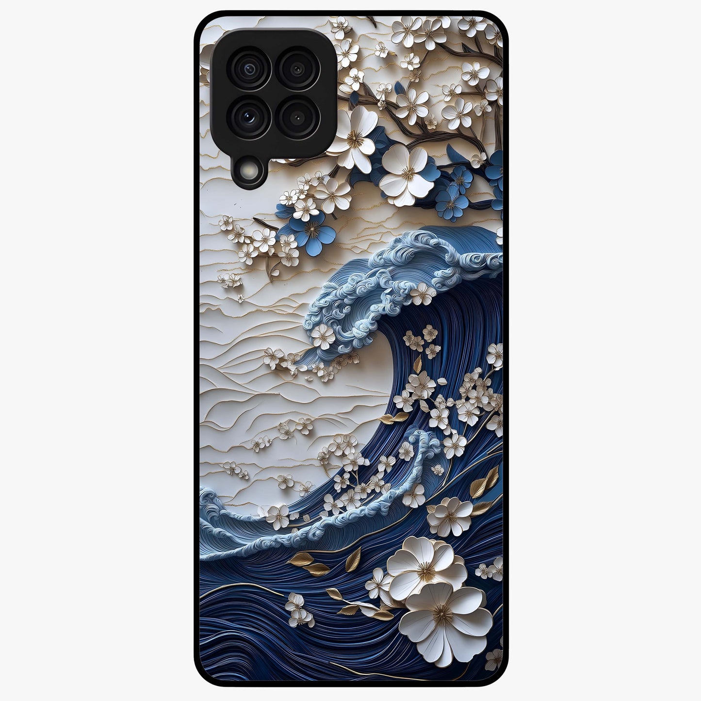 Floral Wave Origami Glass Case showing flat back view with origami inspired floral wave artwork and glossy glass finish.