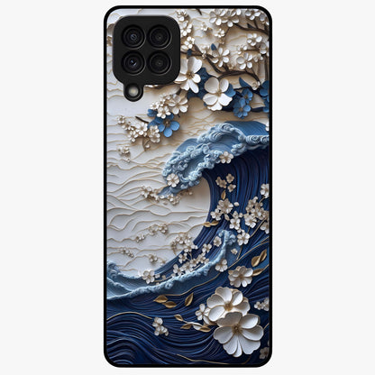 Floral Wave Origami Glass Case showing flat back view with origami inspired floral wave artwork and glossy glass finish.