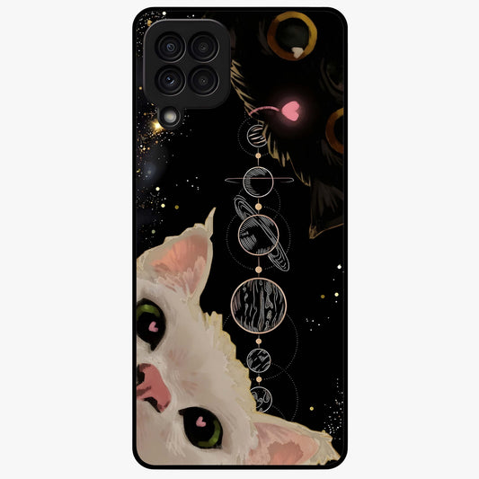 Galactic Cat Glass Case showing flat back view with cosmic cat artwork and glossy glass finish.