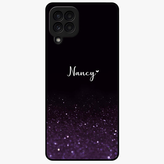 Glittery Purple Bokeh Custom Name Glass Case showing flat back view with purple bokeh sparkle artwork and personalized name design.