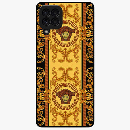 Golden Royal Heritage Glass Case showing flat back view with ornate royal pattern artwork and glossy glass finish.