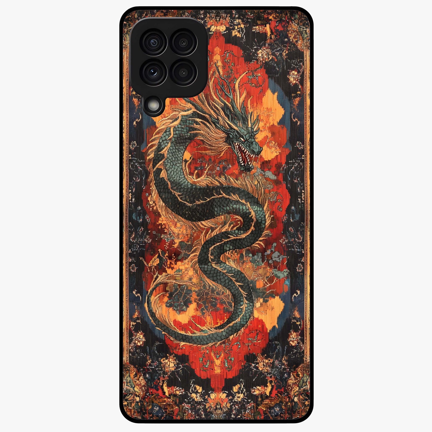 Inferno Dragon Soul Glass Case showing flat back view with fiery dragon artwork and glossy glass finish.