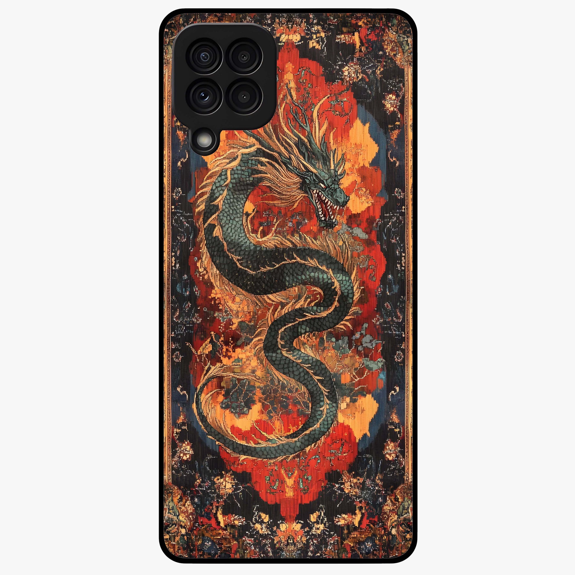 Inferno Dragon Soul Glass Case showing flat back view with fiery dragon artwork and glossy glass finish.