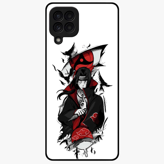 Itachi Sharingan Glass Case showing flat back view with powerful anime eye artwork and glossy glass finish.