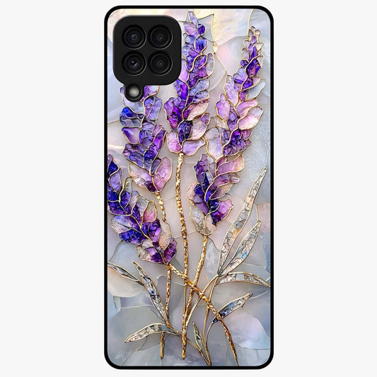 Lavender Dream Glow Glass Case showing flat back view with glowing lavender aesthetic artwork and glossy glass finish.