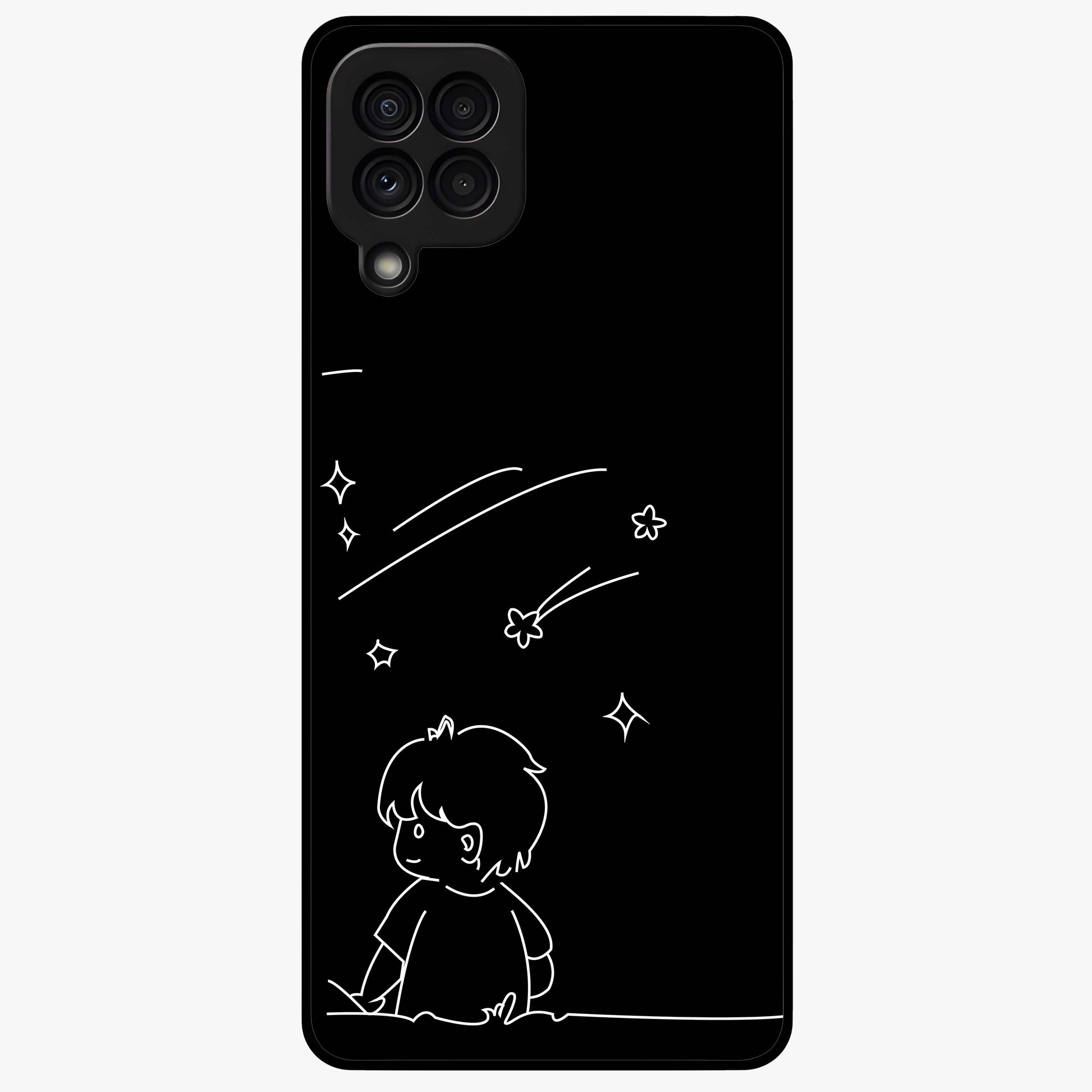 Line Art Boy With Shooting Stars Glass Case showing flat back view with minimal line art boy and shooting stars illustration and glossy glass finish.