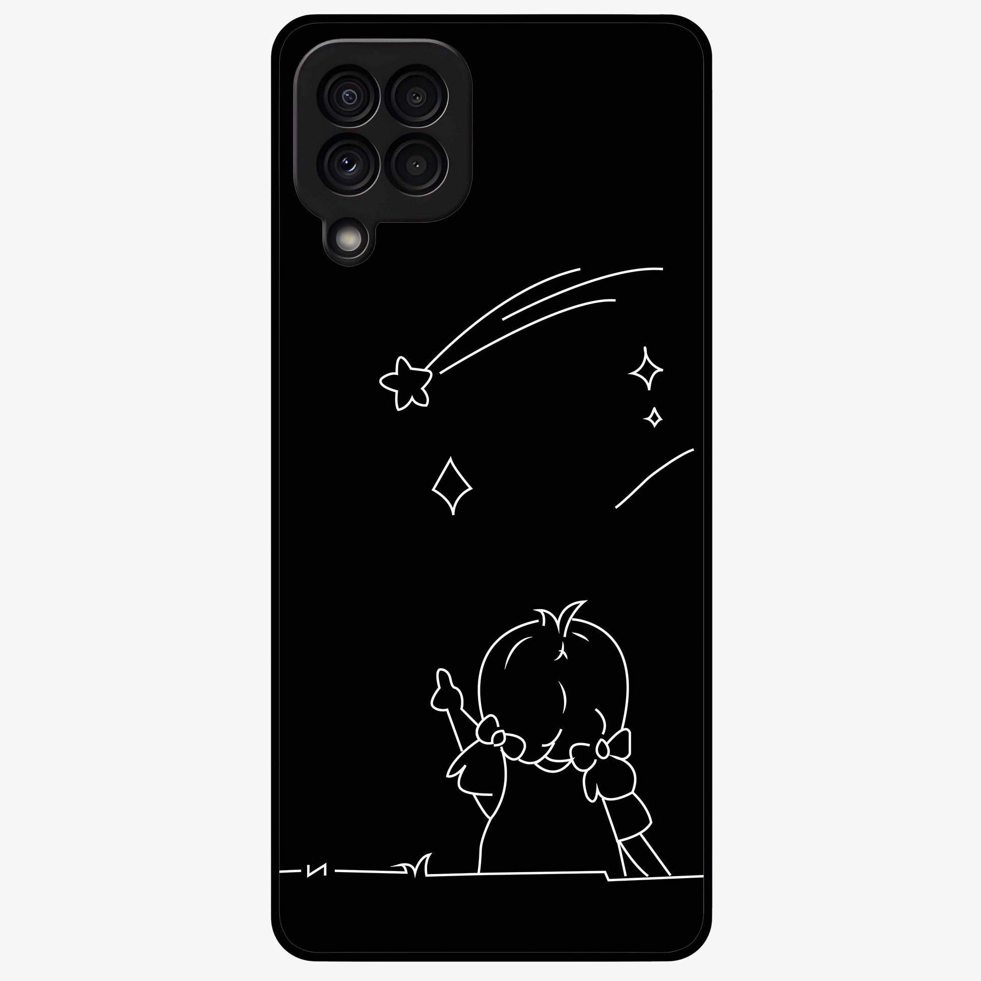 Line Art Girl With Shooting Stars Glass Case showing flat back view with minimal line art girl and shooting stars illustration and glossy glass finish.