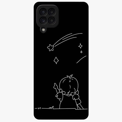 Line Art Girl With Shooting Stars Glass Case showing flat back view with minimal line art girl and shooting stars illustration and glossy glass finish.
