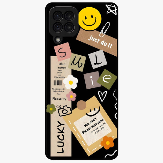 Lucky Aesthetic Collage Glass Case showing flat back view with trendy aesthetic collage artwork and glossy glass finish.