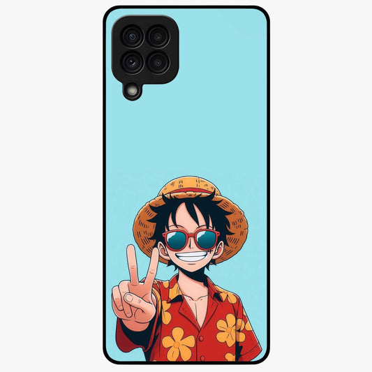 Luffy Summer Anime Vibe Glass Case showing flat back view with vibrant anime character artwork and glossy glass finish.