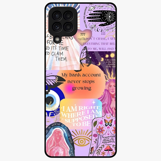 Manifestation Collage Glass Case showing flat back view with motivational collage artwork and glossy glass finish.