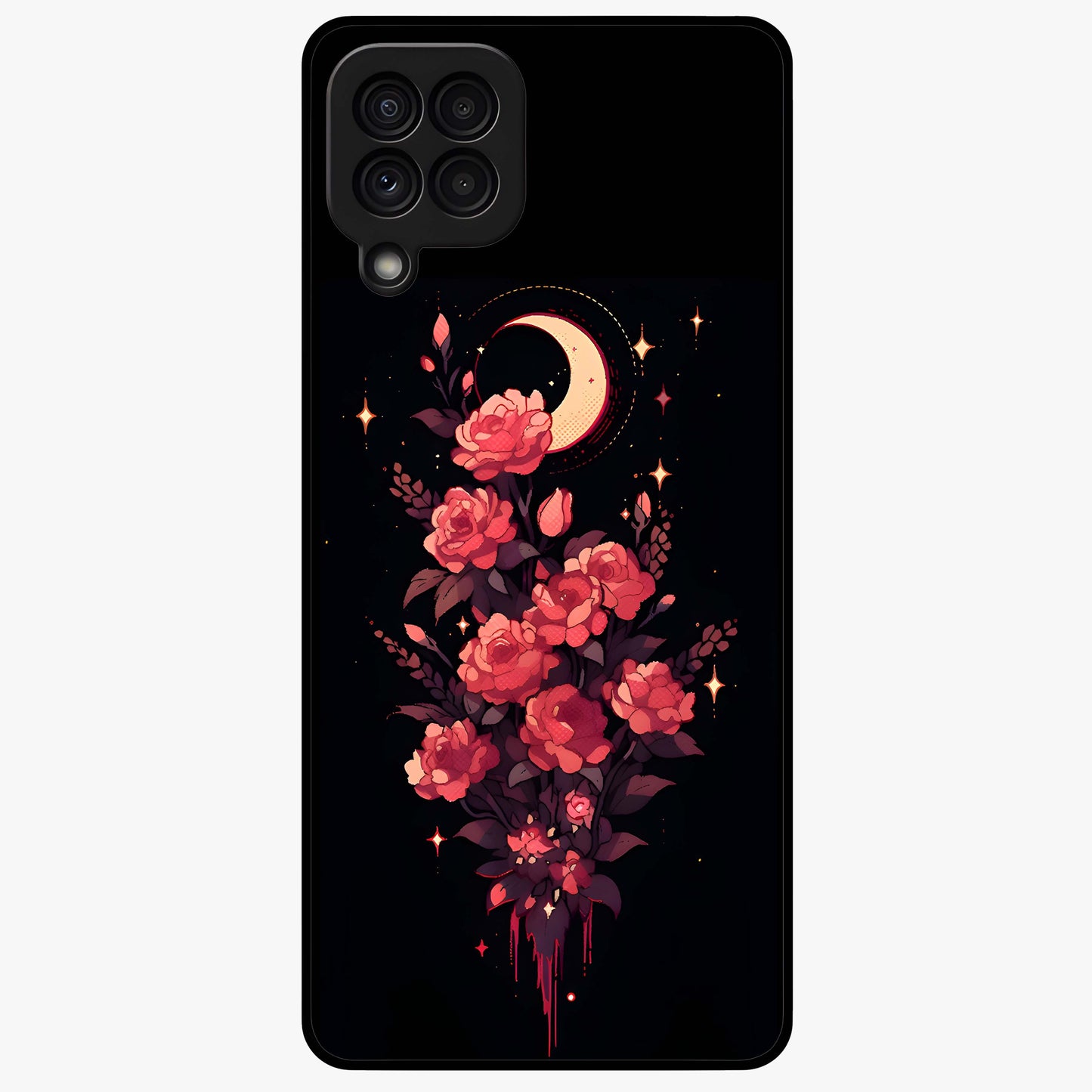 Moonlit Floral Elegance Glass Case showing flat back view with elegant floral artwork under moonlit tones and glossy glass finish.